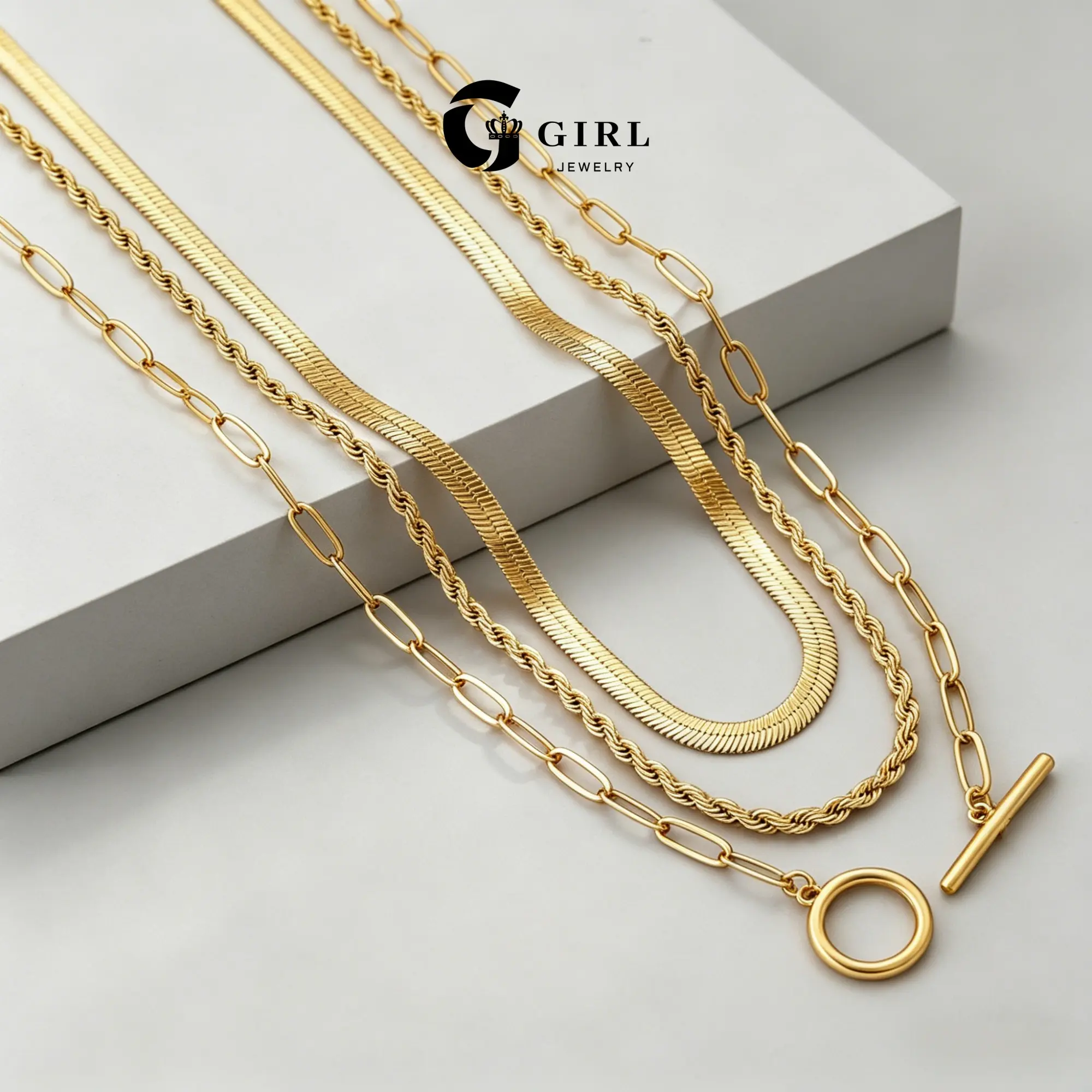 GGIRL 3 Layer 18K Gold Plated Herringbone Twisted Rope OT Toggle Clasp Paperclip Chain Necklace Stackable Set perfect for Everyday Wear,Minimally designed multiple items jewelry accessory for casual summer outfit ,ideal simple dainty gift