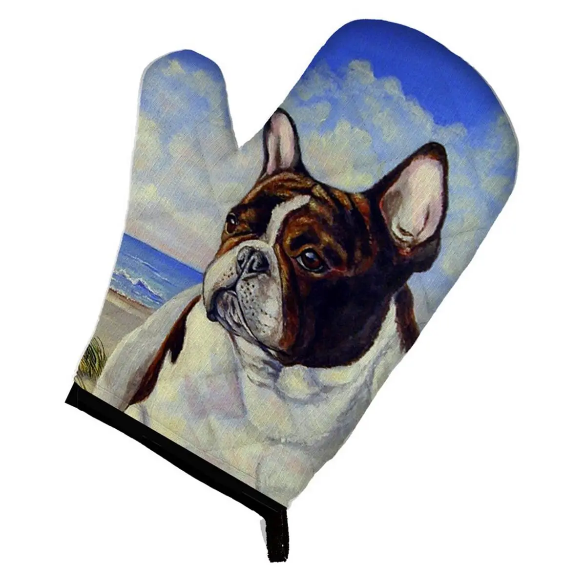 Thick Printed French Bulldog at the Beach Oven Mitt - 8.5"h x 1"w x 12"l, 5 Layers, Quilted Sides, Black Trim, Heat Resistant, Hand Wash, Hoop Hanger, Ideal Gift for Mom, Kitchen Bakeware Accessory