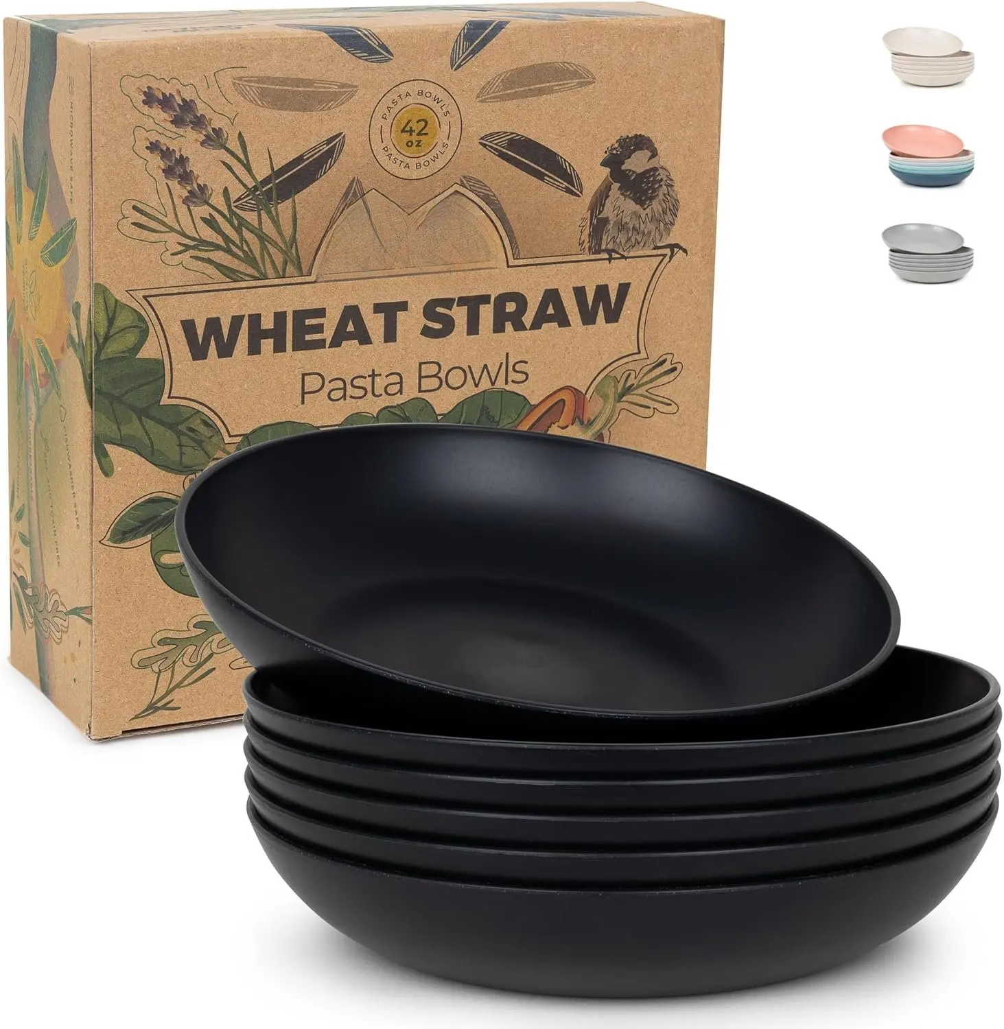 Wheat Straw Pasta Bowls - 42oz Unbreakable Wide & Shallow Dinner Plate Bowls Set of 6 - Microwave Safe  Plastic Pasta Bowls for , Adults, Salad, Camping, RV - Midnight