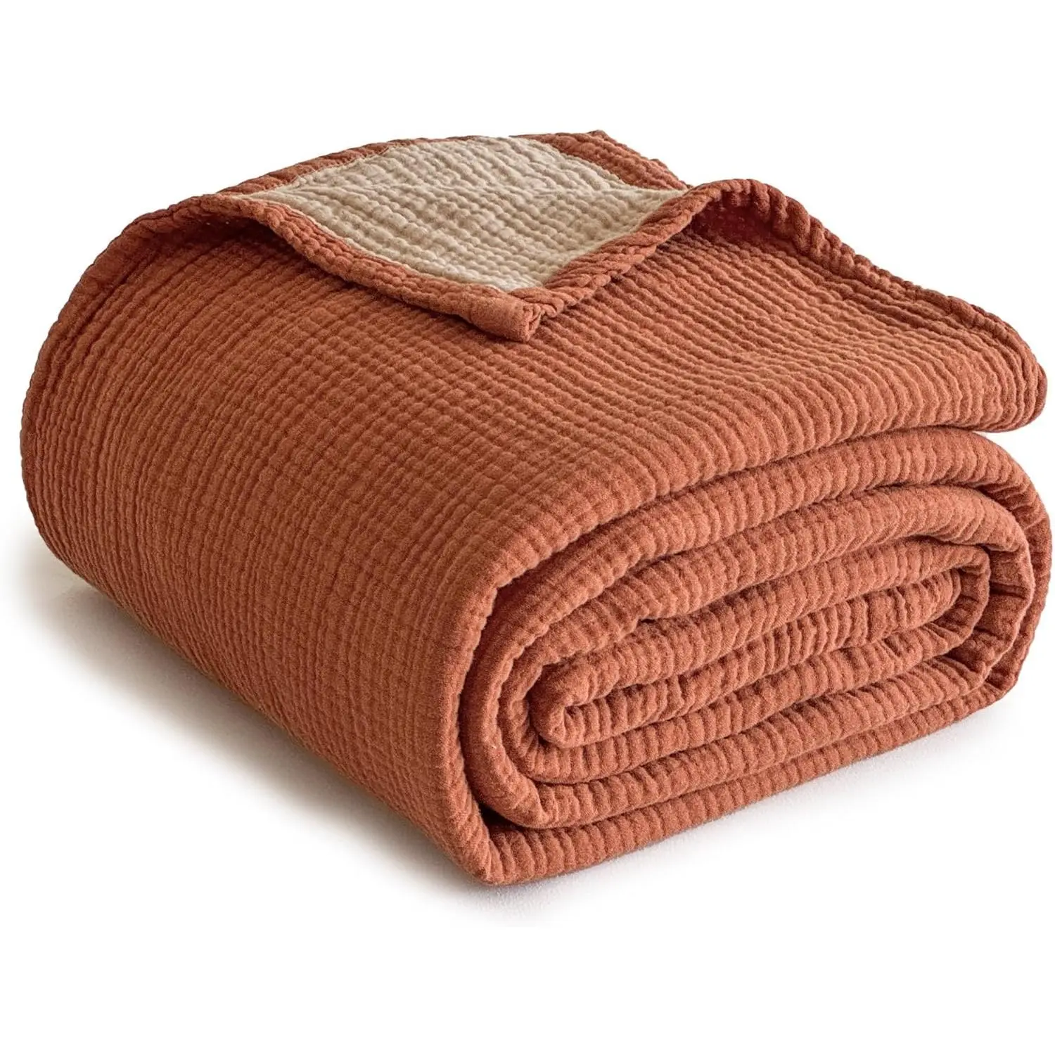 100% Cotton Muslin Gauze Blanket, 4 Gauze Layers Lightweight Breathable All-Season Bedspread Coverlet for Bed, Camping (Rust Orange, 104" x 92"), Rectangular
