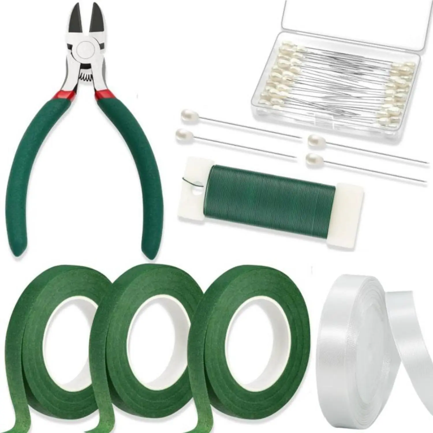 Floral Tape and Floral Wire Floral Arrangement Kit,Green Floral Tape and Boutonniere Pin White Ribbon Wire Cutter for Wreath Making Supplies - Home Improvement.