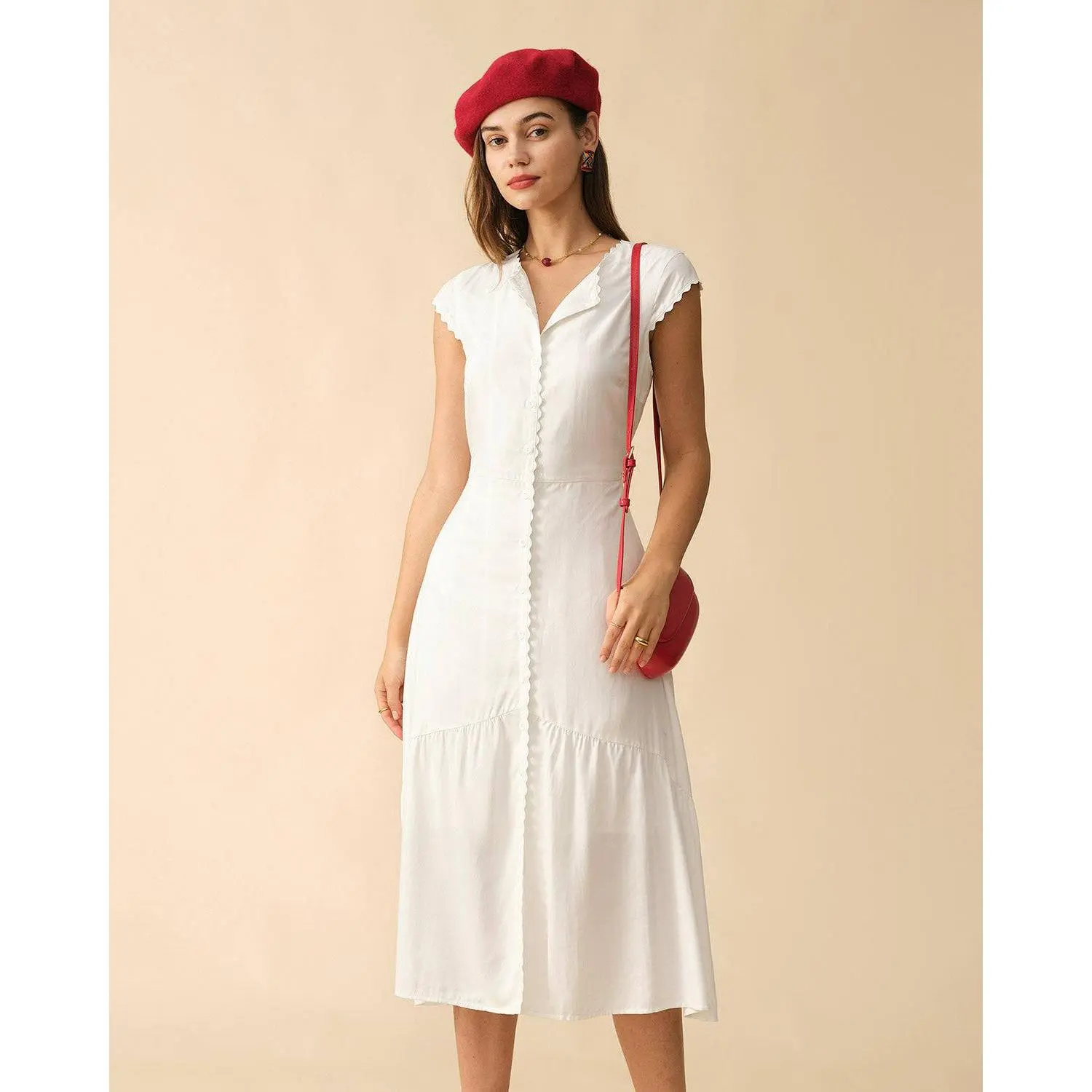 Rihoas Women's Wrinkle-Free Polyester-Cotton Blend Casual Midi Dress - Simple Basic, Soft, Ruffle Lapel, Cap Sleeve, Classy Plain, Ready-to-Wear for Cocktail, Going Out, Work Occasions, Party, Casual Dresses, Fabric, Lady, Casual Wear
