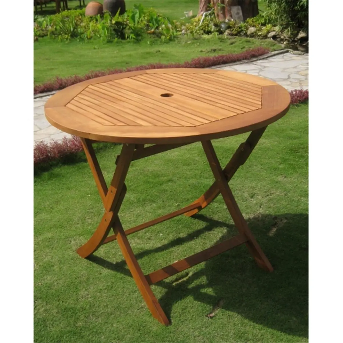 212 MAIN Tahiti 36 in. Round Balau Wood Folding Table - Outdoor Living Furniture, Octagon Top, Dual Oil Stained Finish, 36L x 36W x 29H in. Patio Piece, 36 L X 36 W X 29 H In.