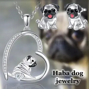 3 Pcs/Set Adorable Love Heart Pug Dog Alloy Pendant Necklace & Earrings Jewelry Set - Cute Exquisite Gift For Theme Parties, Music Festivals, Birthdays, Christmas, Back-To-School Fashionable Pet Lover Accessories