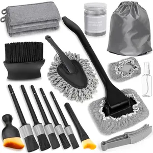 Windshield Cleaner Tool, 18 count  Interior Detailing Brush Set, Inside Windshield Cleaning Kit with 200g Cleaning Gel, Duster Brush, 2 Microfiber Pads,  Detailing Supplies for Men (Gray)