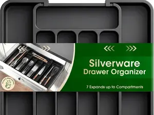 Silverware Organizer - Expandable Kitchen Drawer Organizer, Adjustable Utensil Organizer, Cutlery Tray for Forks, Knives, Multipurpose Kitchen Organizers and Storage Solution, Black, Medium
