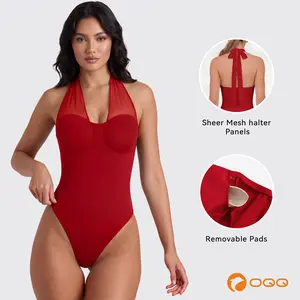 OQQfitness Womenswear Halter Bodysuits Mesh Sheer Ribbed Tie Backless Elegent Basic Sleeveless Cute Top#SummerVibes