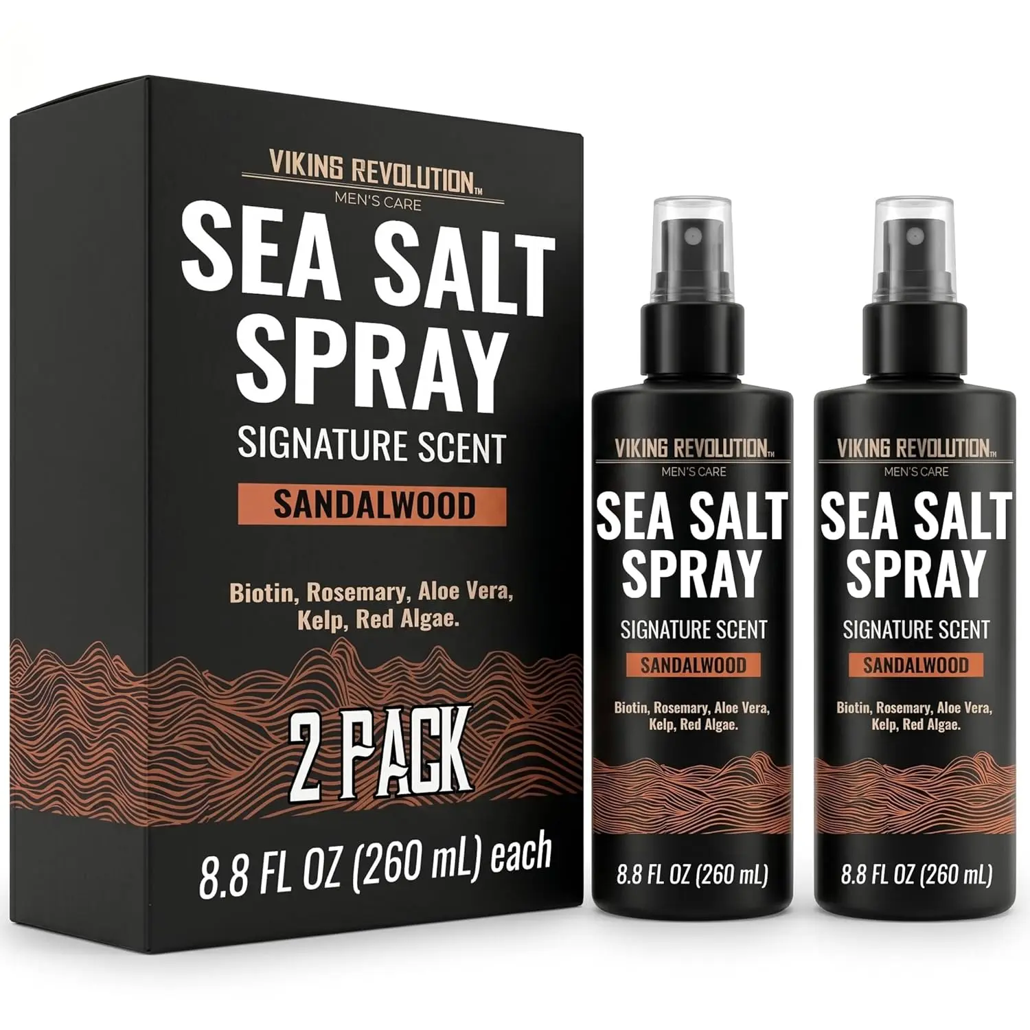 Viking Revolution Premium Sea Salt Spray for Men - Sandalwood Hair Texture Spray with Bitoin, Rosemary, Aloe Vera, Kelp and Red Algae - Effortless Surfer Hair with Light Hold and Volume (8.8fl oz)