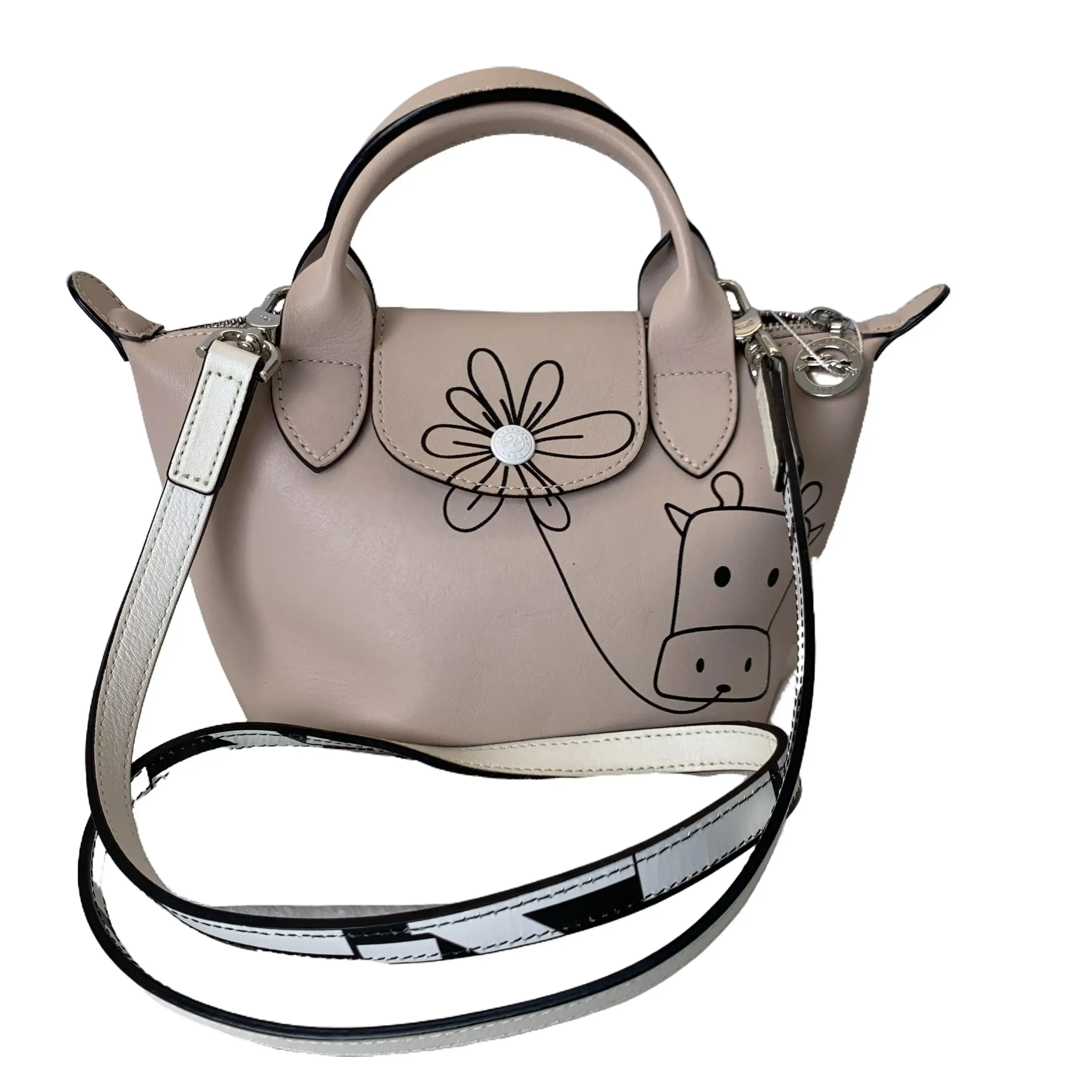Pre-owned Longchamp Le Pliage Mini Nude Leather Tote Bag with Cow & Floral Print, Extra Patterned Crossbody Strap & Dust Bag TKB00000213