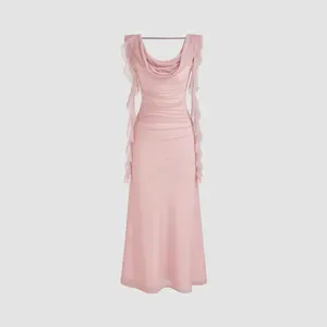 Cider Cowl Neck Solid Ruffle Hem Ruched Maxi Dress