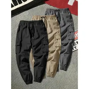 WCW- [3-Pack Solid Color Cargo Pants] 3-Pack Men's Solid Color Cargo Pants - Non-Stretch, Regular Fit, Multi-Pocket Flap - Polyester, All-Season, Drawstring Waist, Woven Fabric, 180g/m2