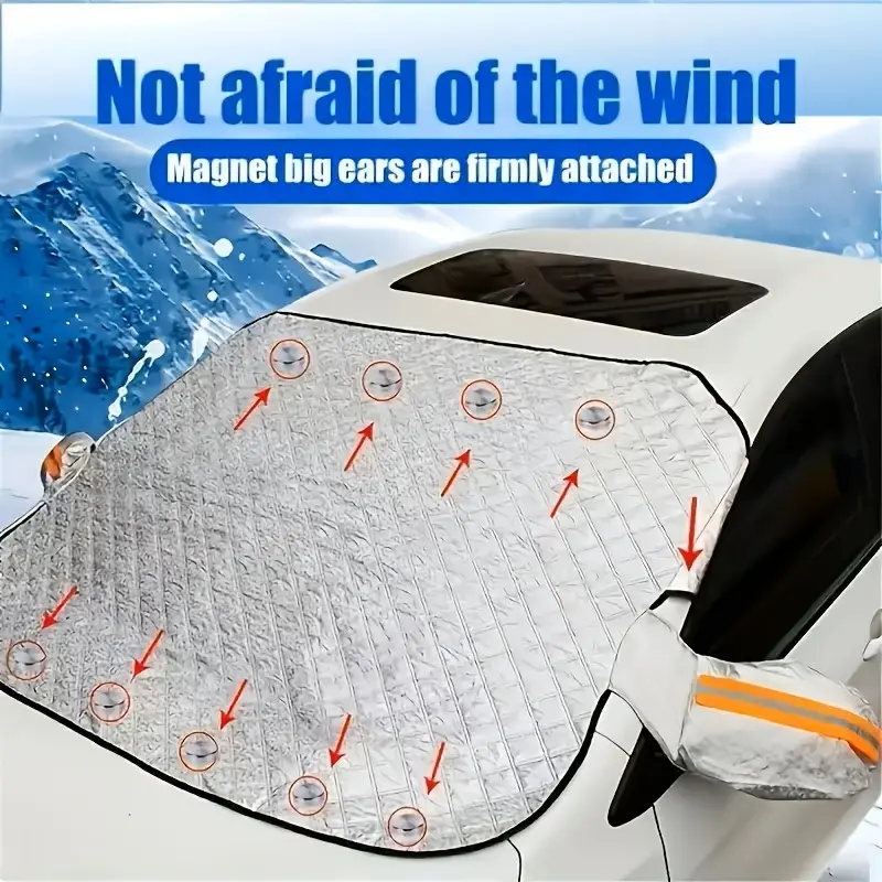 Car Windshield Protector Cover with Magnetic Ears-Elastic Hooks, Sturdy Sun Shade, Polyester, Snow-Ice-Frost-UV Protection, Waterproof Lightweight Foldable, for Drivers-Parents, Fits Various Vehicle Models
