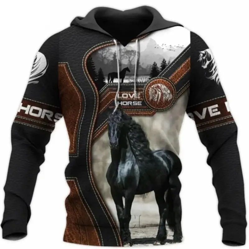 Men's 3D Horse Animal Print Hoodie - Brown Harajuku Fashion Autumn Pullover, Long-Sleeve Polyester Casual Top, Horse Lover Neutral Sweatshirt, Name Print Customizable, Casual Fit, Chinese Sizes 2XL, 3XL