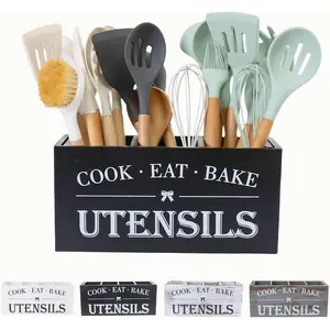 Utensil Holder,Large Wooden Utensil Holder For Kitchen Counter,Cooking Spatula Organizer,Big Storage Caddy With 3 Compartments Flatware Spoon Tool Cutlery (Black)