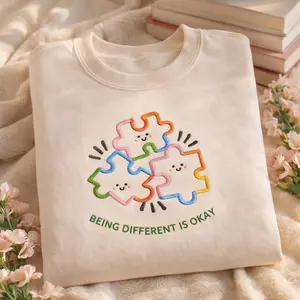 Autism Awareness Embroidered Sweatshirt, Being Different Is Okay Shirt, Puzzle Piece Crewneck,Neurodiversity Gift Inclusive Apparel Cozy Top