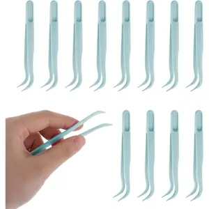 12pc Plastic Tweezers, 4.5 Inch Bent Tweezers for Kids DIY Jewelry Making, Crafts, Baking Decoration, Reptile Feeding, Blue
