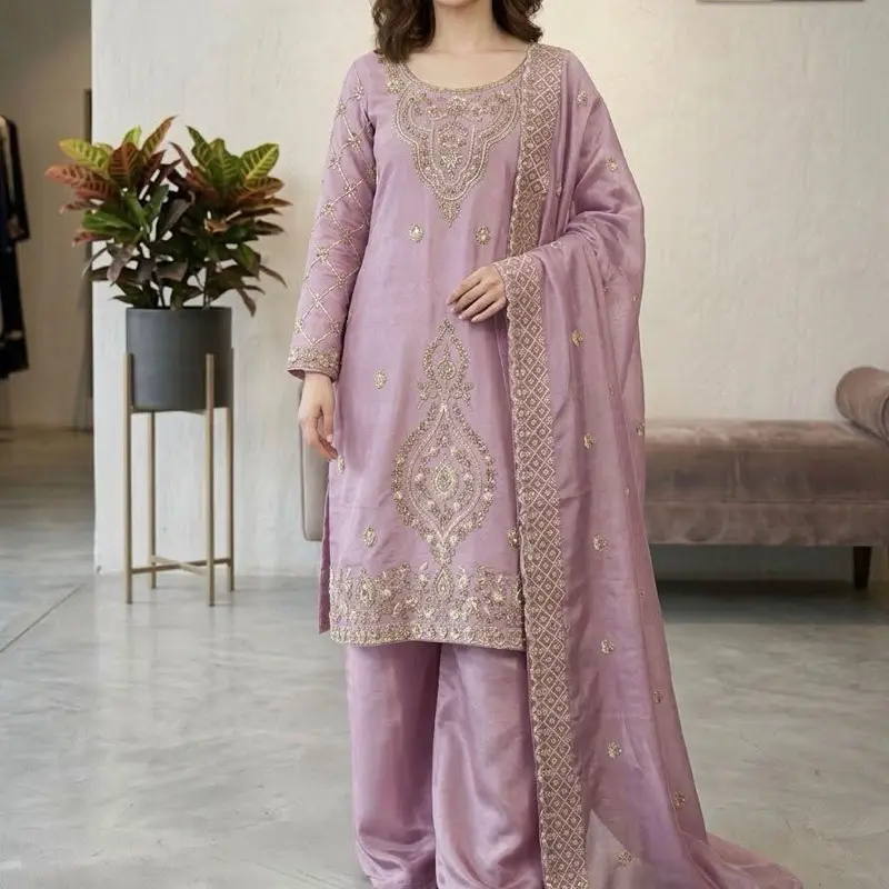 Women's Glass Silk Plazo Set, Hand-Embroidered Boutique Womenswear Outfit for Casual & Formal Occasions Suits
