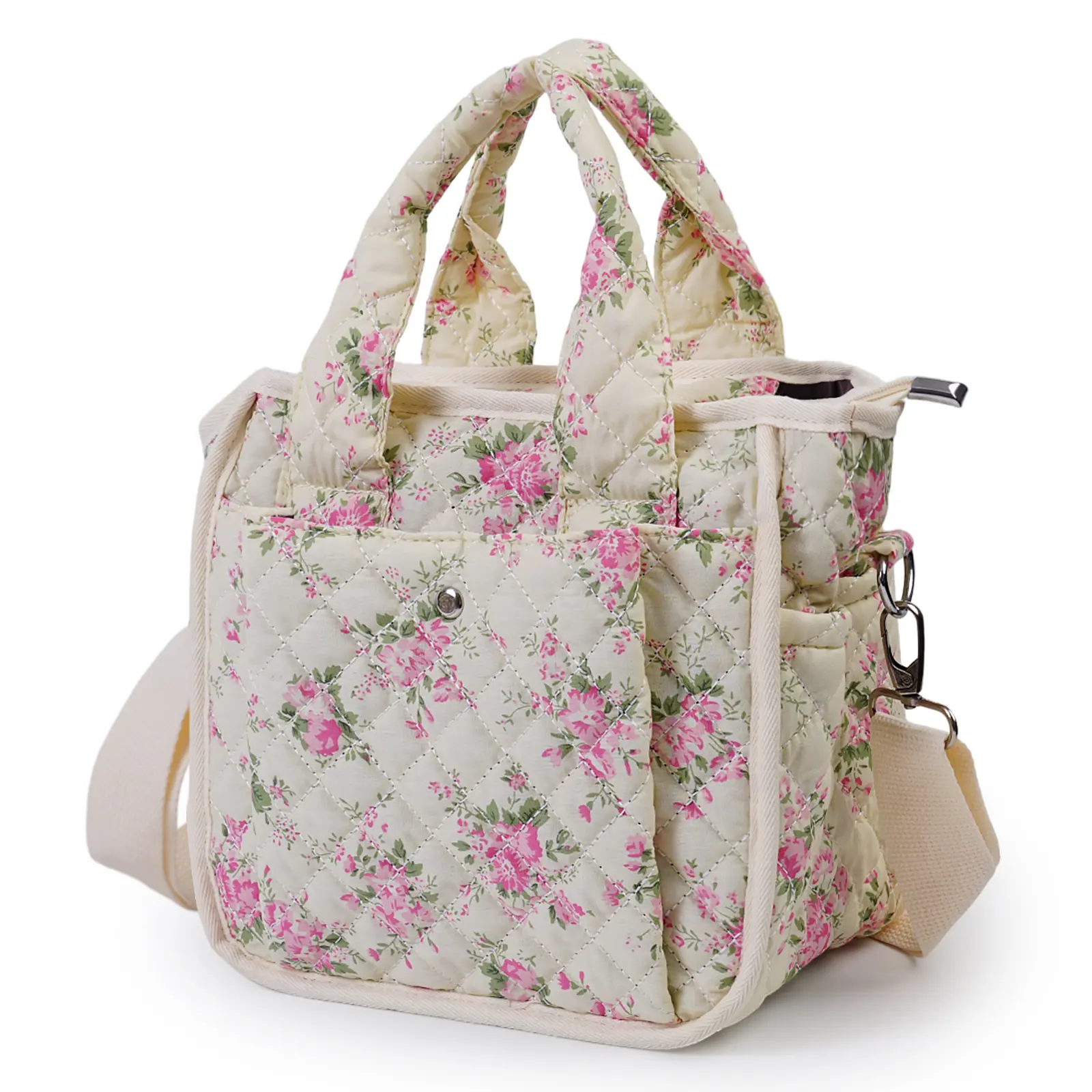 Floral Quilted Crossbody Bags for Women, Lightweight Cute Cotton Tote with Detachable Strap and Matching Mini Pouch, Everyday Bag, Feminine Aesthetic, Adjustable Strap, Casual, Top Handle, Dry Clean