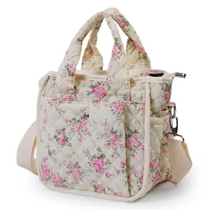 Elegant Floral Quilted Tote Bag for Women Cute Canvas Crossbody Shoulder Purse with Multi Pockets Detachable Adjustable Strap Lightweight Vintage Flower Handbag Fits Tablet Wallet Phone