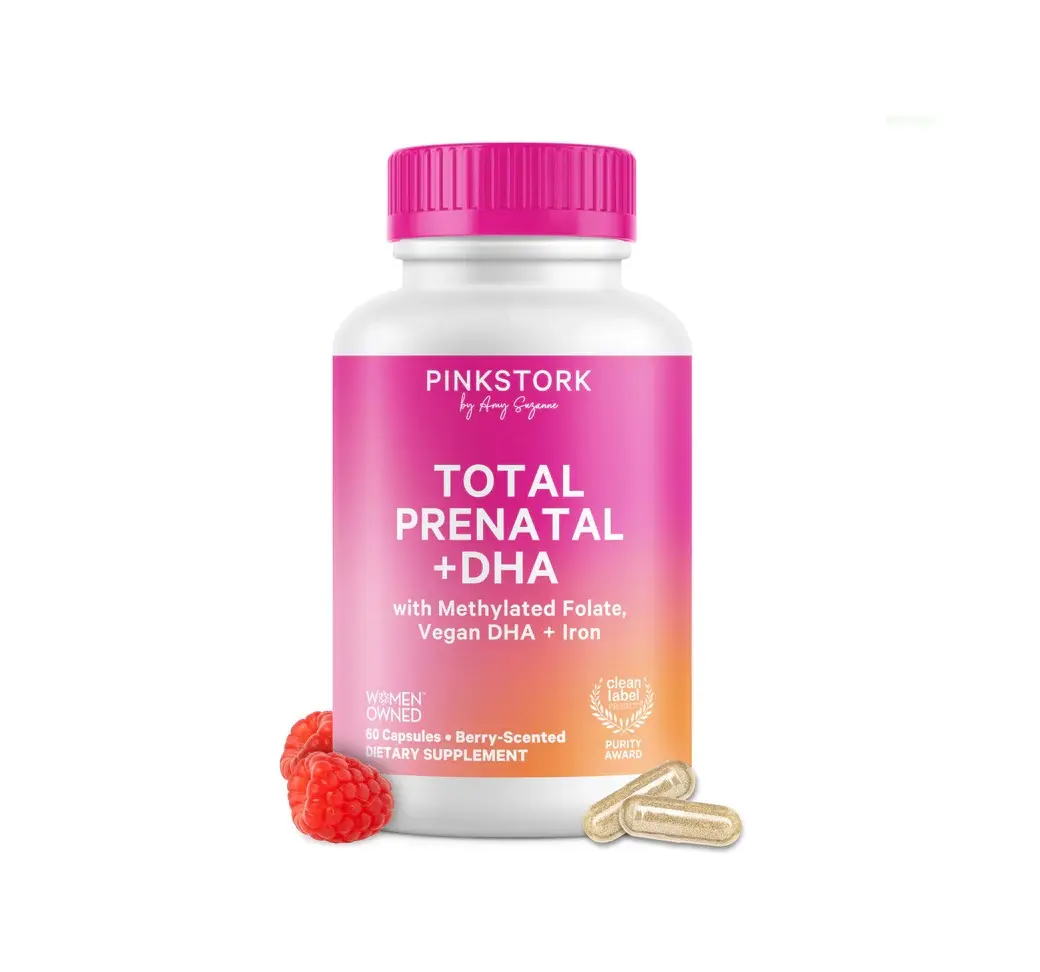 Pink Stork Total Prenatal Vitamins with DHA, Iron, Methylated Folate | Mint or Berry Scent | Clean Label Purity | Pregnancy Support Essentials | Gluten-Free, Non-GMO | B6, B12, Choline, Vitamin D