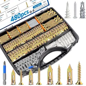 480 count Self Drilling Drywall Anchors 4-Sizes Zinc Plated Steel and Plastic Sheetrock Anchors and 5-Sizes Self Drilling Anchor Screws  for Hanging Picture Frames, Curtains, , Clocks