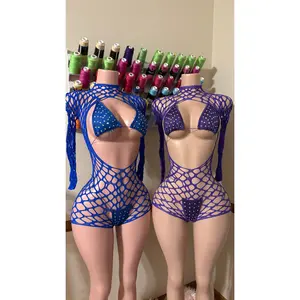2-Piece Rhinestone Fishnet Clubwear Set – Cutout Mesh Romper with Crystal Bikini for Exotic Dance & Festival Looks