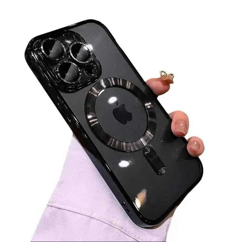 Plating Soft TPU Full Lens Protect Case for iPhone 17Air 17 16 15 14 13 12 11 Pro Max Plus Magsafe Compatible Clear Cover Shockproof Cellphone Protector Black