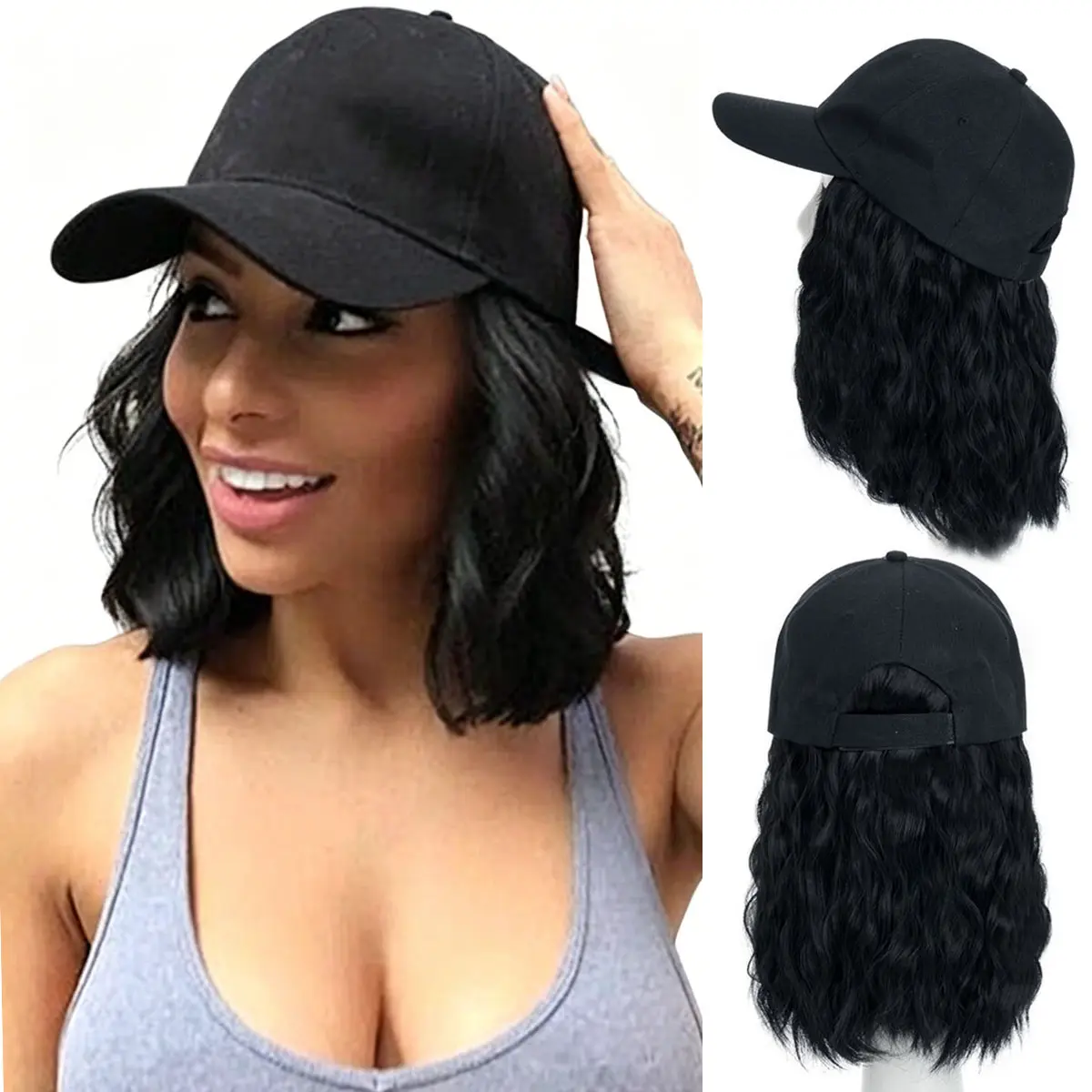 MY-LADY 8 inch Wavy Bob Cap Wig for Women, Heat Resistant Synthetic Hair Extensions with Adjustable Baseball Hat for Parties & Daily Wear, Natural Wavy Wig, Party Wig