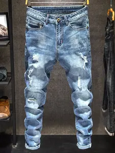 Men's Light Wash Distressed Ripped Fitted Plain Denim Jeans, Trendy American Street Style, Perfect Gift for Husband or Boyfriend, Streetwear Pants