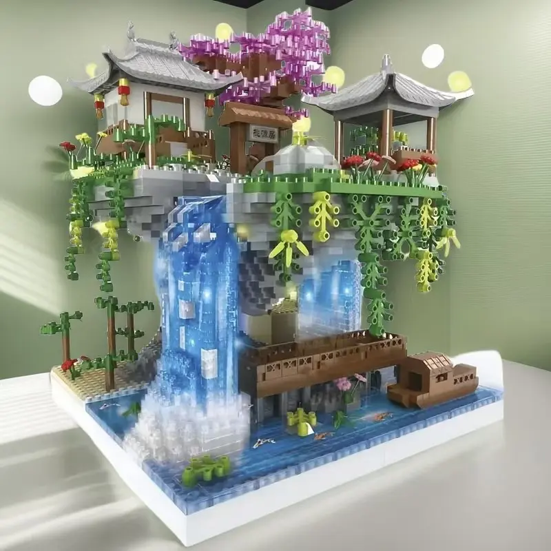 Chinese Landscape Building Set, Traditional Asian Model Kit, Includes Mini Pagoda, Waterfall, Bridge, Cherry Blossom, Abs Blocks, Interlocking Building Block, Construction Stacking Blocks, Kids Gift
