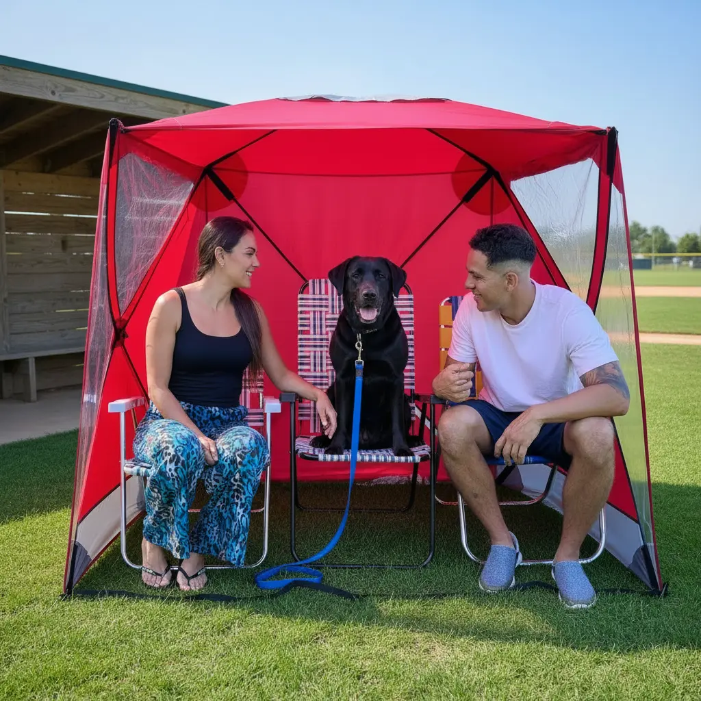 Pop-Up Sports Pod for 2 Adults with Chairs, Lightweight Red Weather Shelter with Transparent Viewing Panels for Sideline Games, Outdoor Events, Quick Set, Foldable