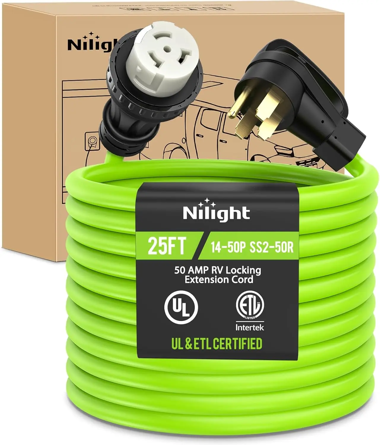 Nilight 1x25ft 50A RV Locking Extension Cord, 50A Pure Copper 6/3+8/1 Gauge STW Wire, 250V 12500W Heavy-Duty Outdoor Cord with Adjustable Organizer, UL ETL Listed 4-Prong 14-50P SS2-50R, Water Resistant for Camper Trailer, Generator, Power Outlet