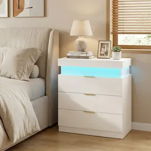 Spaco Large Smart Nightstand - Cuboid Large-Format Multi-Drawer Bedside Table with Charging Station, LED Lights, Sliding Top, 3 Drawers, Modern Indoor Furniture Dresser, Multi-Drawer Bedside Tables