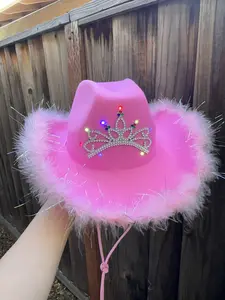 LED Light up Pink Cowgirl Hat with Tiara feather Boa,western cowboy hat hats for