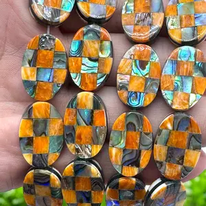 Spiny Oyster & Abalone Shell Beads - Oval 10X16mm - Native American Style - Double-Sided Reversible (Handcrafted Square-Mosaic Inlay Artistry with Meticulous Workmanship) DIY Jewelry Making