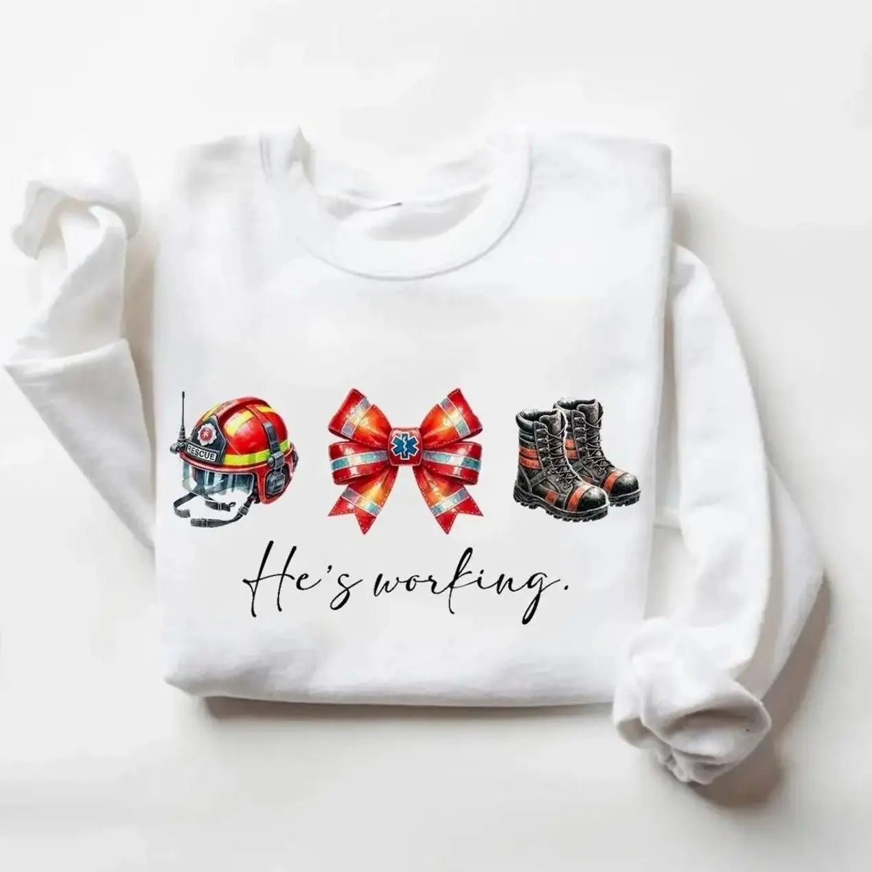 He’s Working Rescue Sweatshirt, EMS Wife Shirt, Paramedic Girlfriend Gift, First Responder Support Crewneck, Helmet Boots Bow