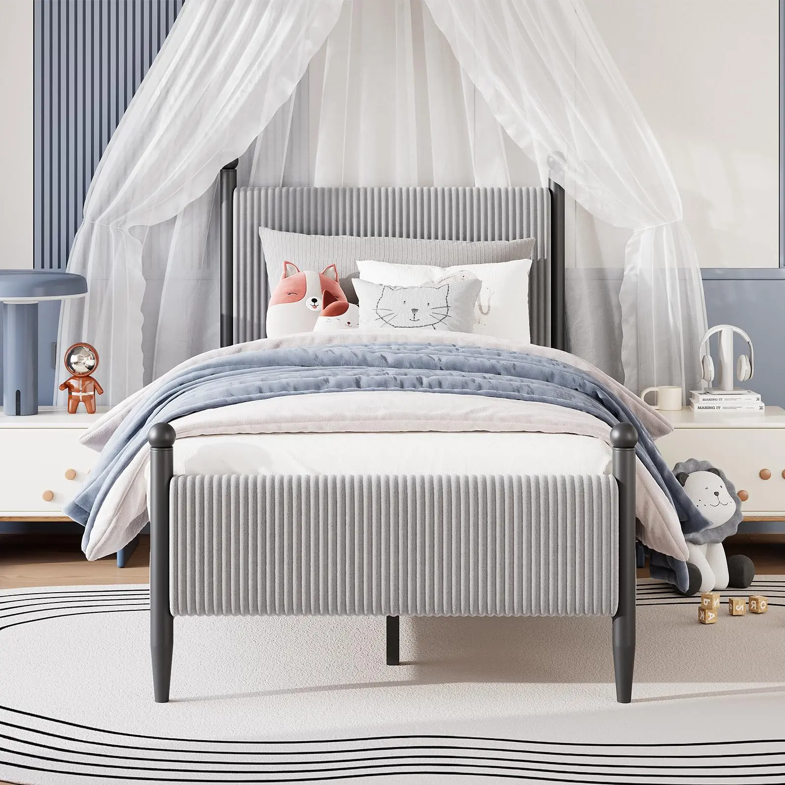 Garvee Retro Quiet Iron Twin Grey Velvet Corduroy Upholstered Single Bed Frame, Rectangular Vertical Stripe Headboard, Metal Legs, 800 lbs Capacity, No Box Spring Needed, Easy Assembly Required, Ideal for Dorm, Guest Room