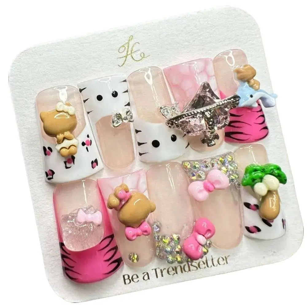 E72 Handmade Press On Nail Sets - Long Diamond Detachable Armor Nails, Versatile Eye-Catching Cute Designs for Daily Life, Parties
