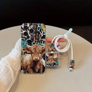Cute Cow Pattern Phone Case with Charger Saver & Cable Protector & Storage Bag, Anti-drop Durable Cellphone Protective Case, Total Protective Shockproof Mobile Phone Cover with Protection for iPhone, Casing, Smartphone Accessories