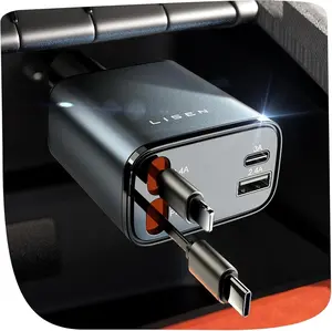 LISEN 4‑in‑1 Retractable Car Charger – 69W Fast Charging, Built‑In Cables, USB‑C + Lightning, Tangle‑Free Design