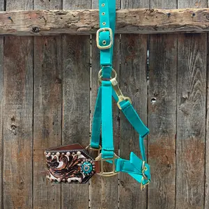 Teal Nylon Horse Halter – Bronc Noseband with Crystal Conchos NH105