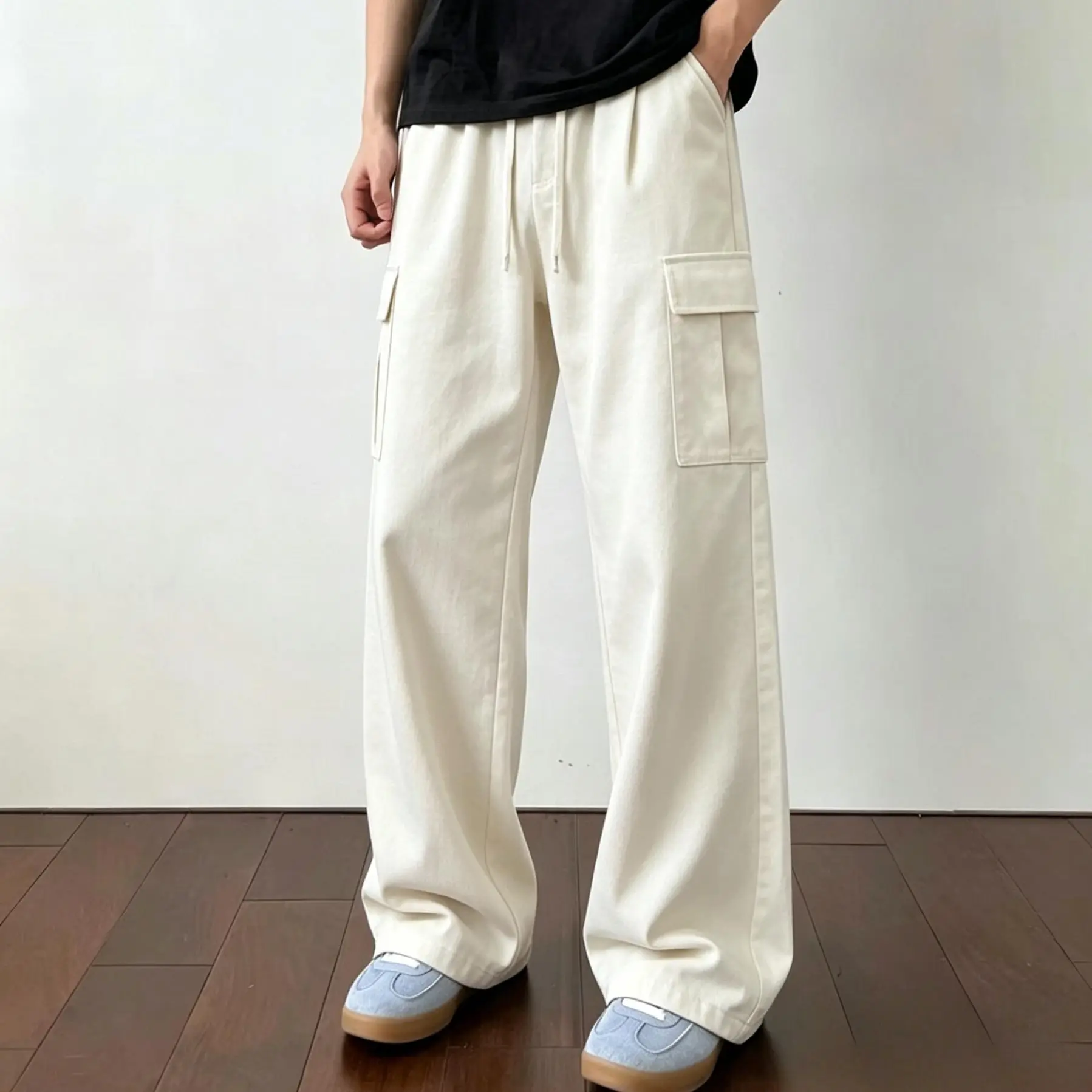 Men's Plain Cargo Pants, Loose Fit Wrinkle-Resistant Polyester Straight Leg Trousers with Button for Office & Casual Wear, Pocket, Business, Classic Chic, All Seasons, Below The Ankle, Chic Casual Trousers, Cold Wash