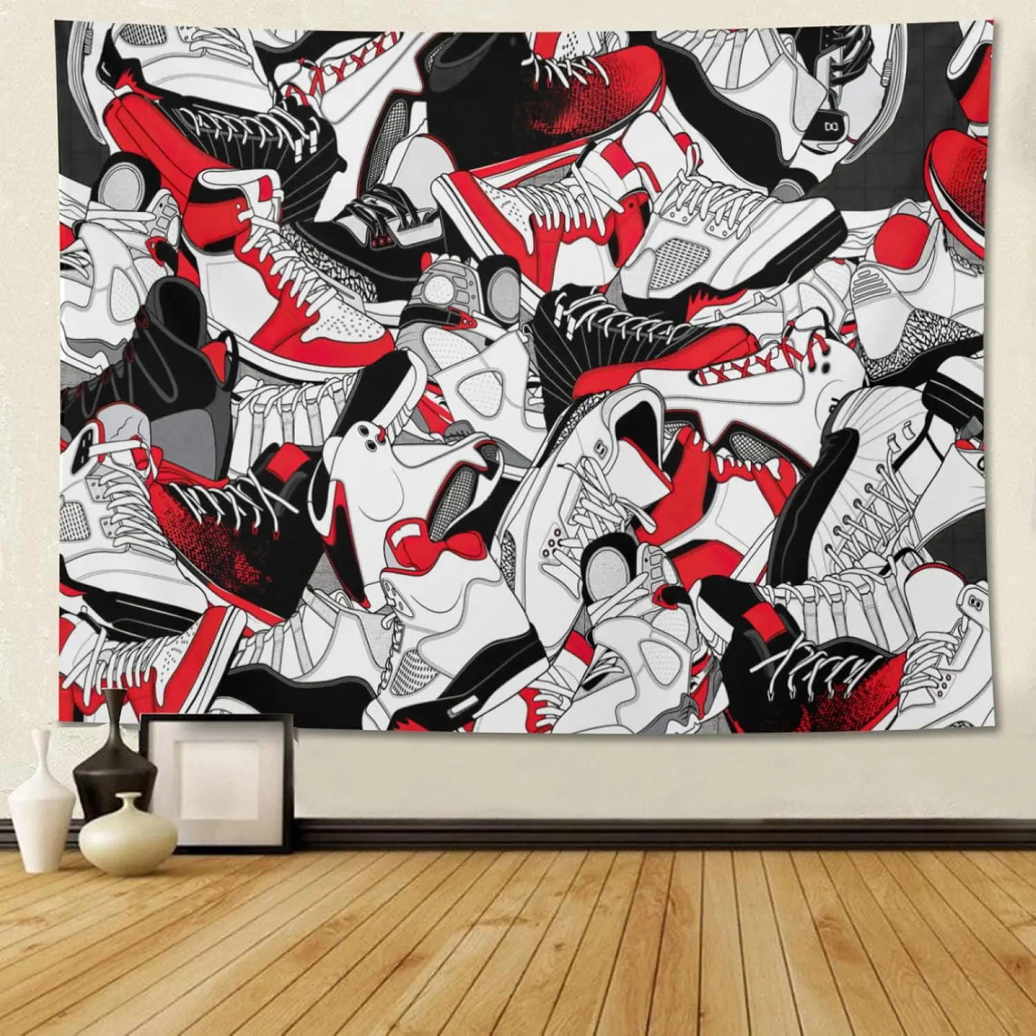 Retro Basketball Fabric Tapestry - 40x30 in Rectangular Hanging Mount Home Decor, Unisex Sneaker Head Bedroom Aesthetic, Watch Party Backdrop Banner