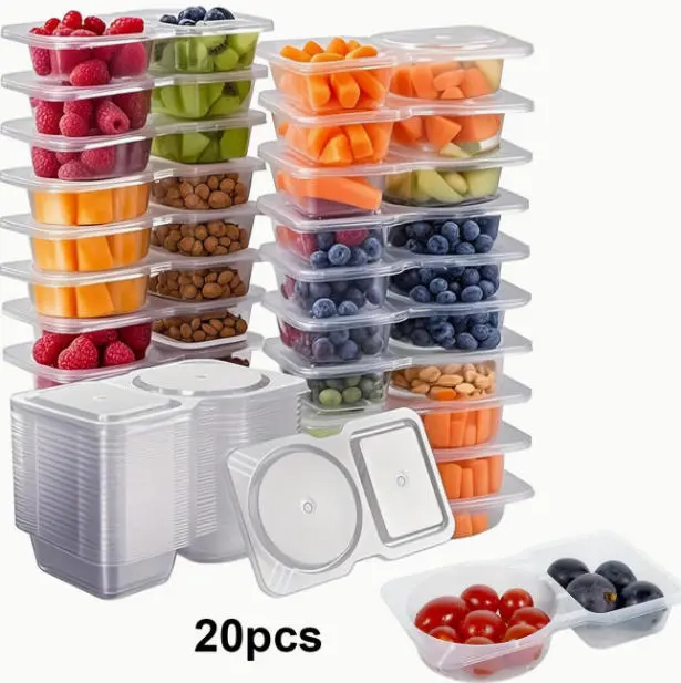 20 Sets Reusable Grab and Go Snack Containers, Double Compartment Condiment Container, 20 Sets Reusable Snack Container with Lid, Leak-Proof Storage for Condiments, Snacks, and Meal Prep