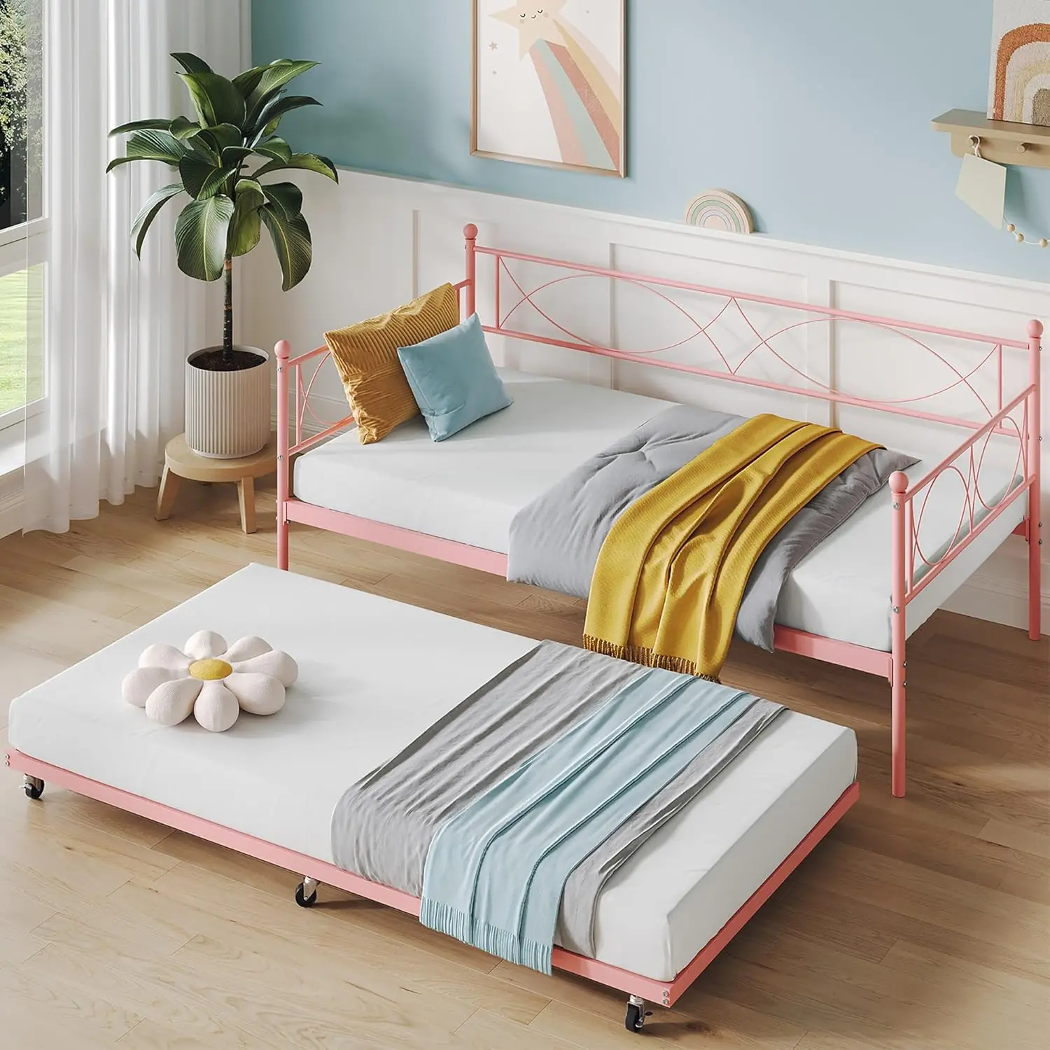 Single Pink Metal Twin Daybed with Pull-Out Trundle, Steel Slat Support Sofa Bed Frame, Sturdy Steel Build Indoor Furniture, Assembly Required for Bedroom Decor (Pull Out Bed Option)