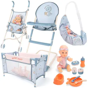 deAO Doll Stroller Set 12" Doll with Accessories Crib Bed High Chair, Nursery Role Play Set Toys Storage Bag,Foldable Storller, Pretend Play Birthday Gifts for Girls Boys