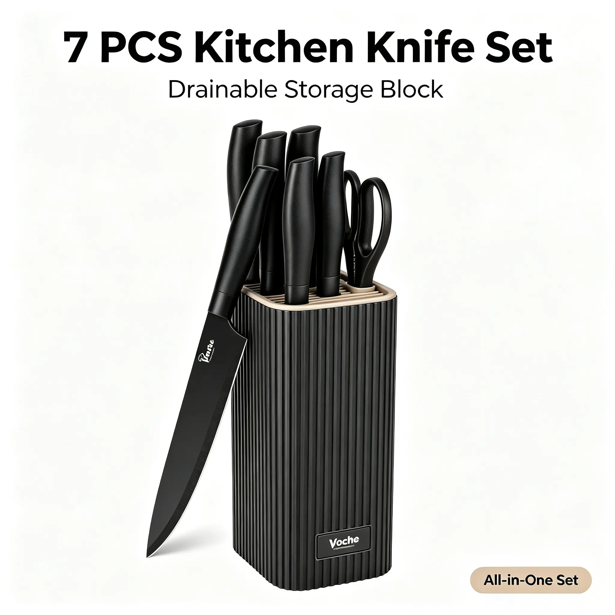7PCS Kitchen Knife Set with Drain Knife Block, Rust Proof Stainless Safe Space Saving Cutlery Set for Home Apartment Cooking