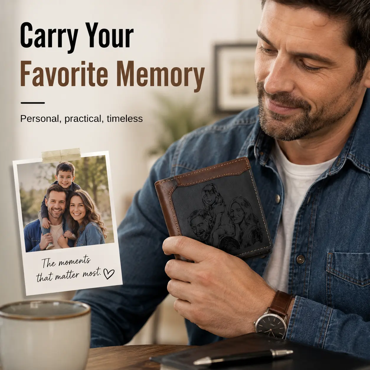 Premium Engraved Leather Wallet with RFID Blocking, Custom Personalized Wallet for Men, Durable Bifold Purse, Best Father's Day & Birthday Gift for Father Automatic Pop-Up Bifold Wallet