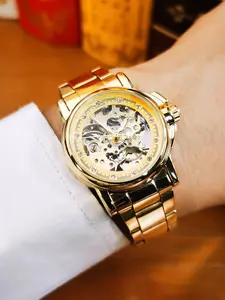 1pc Fashion Watch for Women Luxury Skeleton Automatic Mechanical Watches Luminous Hands Gold Stainless Steel Strap Elegant Classic Business Ladies Wristwatches Luminous Pointer Watch