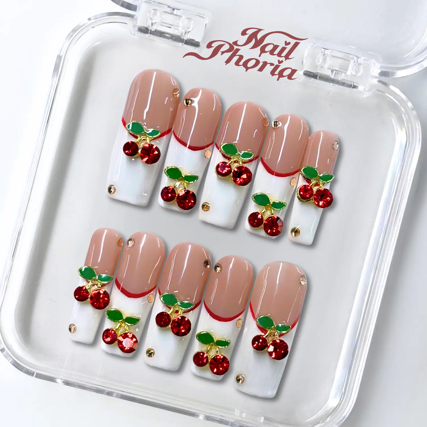 NailPhoria FRENCH CHERRY - Handmade Press-On Nails | Reusable, Salon-Quality, Long-Lasting, Glossy Design